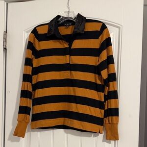 J. Crew Black and Rust Rugby Striped Long Sleeve Top with Sequin collar